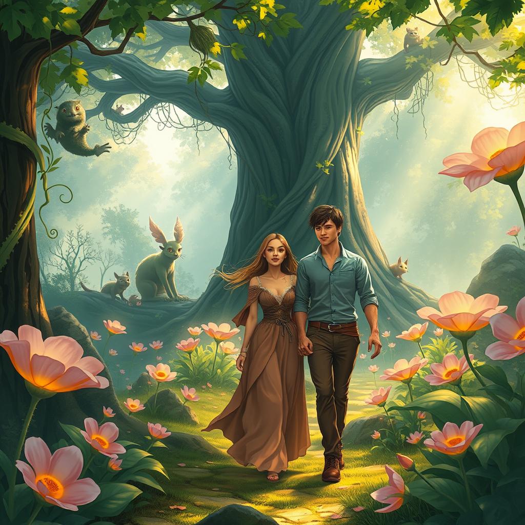 A young woman and her boyfriend strolling through a fantasy forest, surrounded by magical creatures and vibrant, oversized flowers