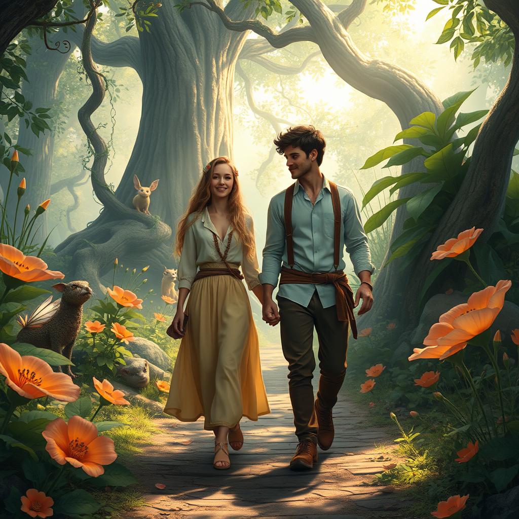 A young woman and her boyfriend strolling through a fantasy forest, surrounded by magical creatures and vibrant, oversized flowers