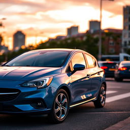 A sleek, metallic blue 2024 Opel Corsa parked stylishly on a city street during sunset