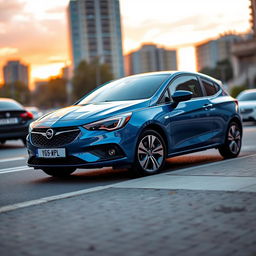 A sleek, metallic blue 2024 Opel Corsa parked stylishly on a city street during sunset