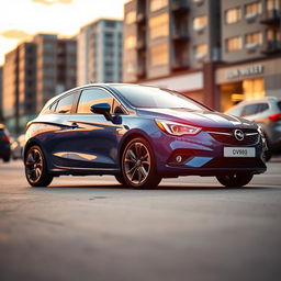 A sleek, metallic blue 2024 Opel Corsa parked stylishly on a city street during sunset