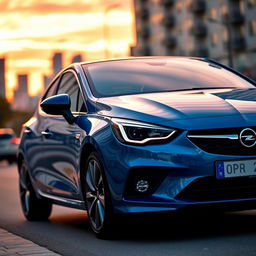 A sleek, metallic blue 2024 Opel Corsa parked stylishly on a city street during sunset