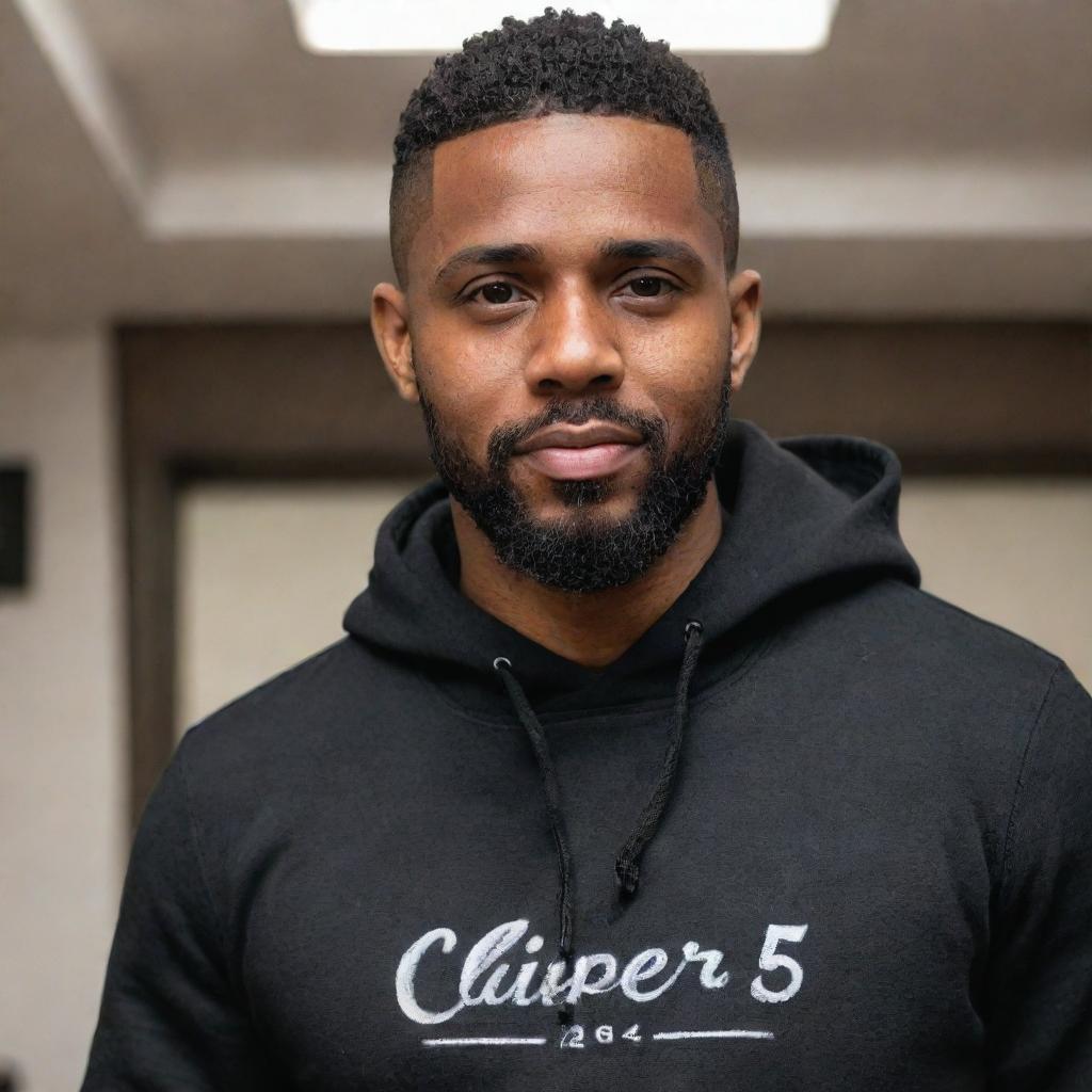 A detailed image of a brown-skinned barber wearing a stylish black hoodie that has the text 'The Clipper 45' boldly written on it.