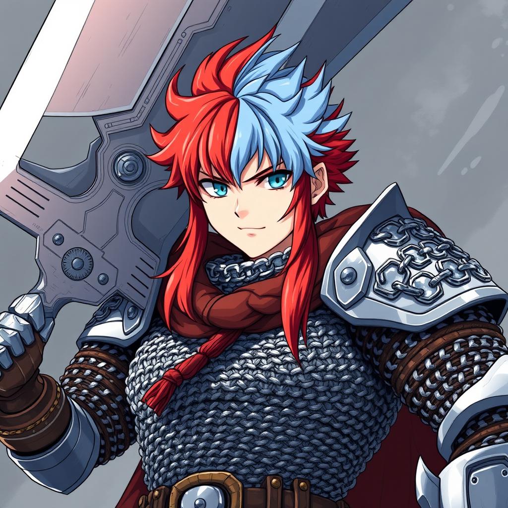 A powerful human fighter with a massive, enormous buster sword raised high