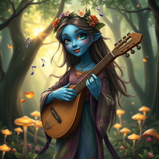 A blue-skinned filborg bard girl, elegantly dressed in colorful, flowing garments with intricate patterns