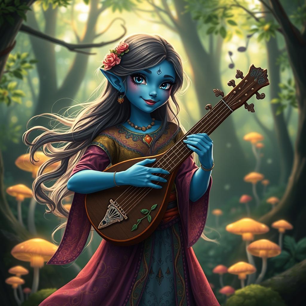 A blue-skinned filborg bard girl, elegantly dressed in colorful, flowing garments with intricate patterns