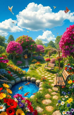 A magical secret garden filled with vibrant flowers, lush greenery, and hidden wonders