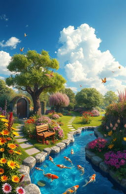 A magical secret garden filled with vibrant flowers, lush greenery, and hidden wonders