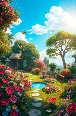 A magical secret garden filled with vibrant flowers, lush greenery, and hidden wonders