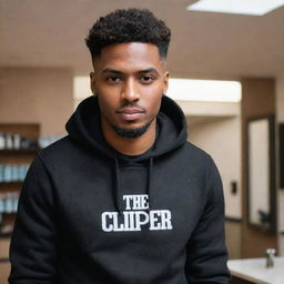 A detailed image of a brown-skinned barber wearing a stylish black hoodie that has the text 'The Clipper 45' boldly written on it.