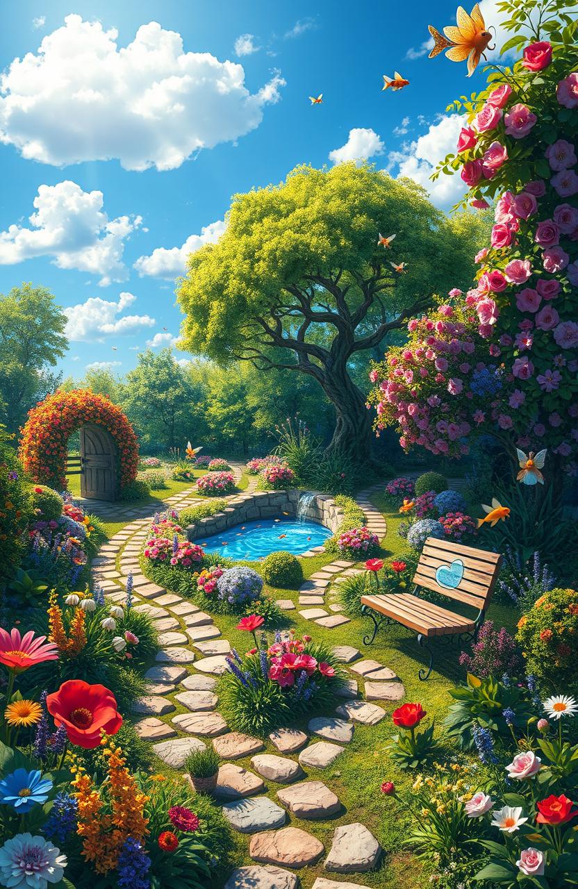 A magical secret garden filled with vibrant flowers, lush greenery, and hidden wonders