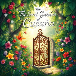 A whimsical and enchanting book cover design for 'The Secret Garden of Cucaña'