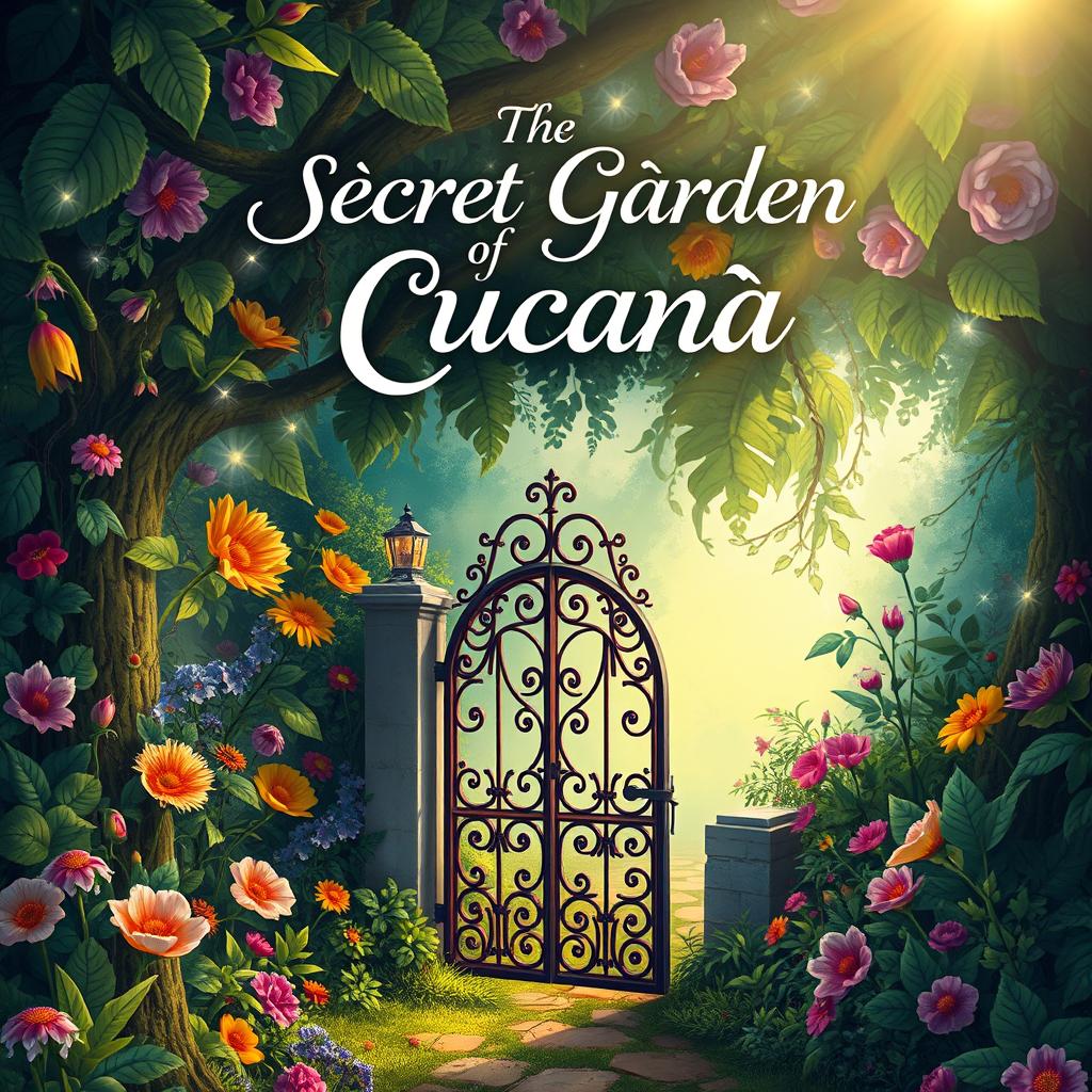 A whimsical and enchanting book cover design for 'The Secret Garden of Cucaña'