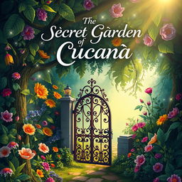 A whimsical and enchanting book cover design for 'The Secret Garden of Cucaña'