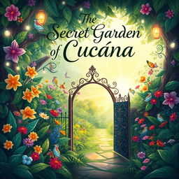 A whimsical and enchanting book cover design for 'The Secret Garden of Cucaña'