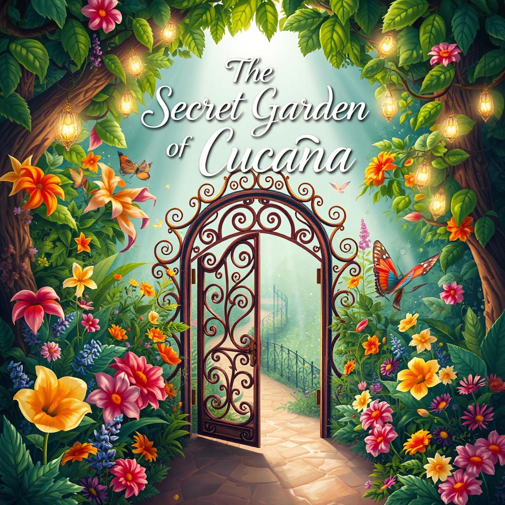 A whimsical and enchanting book cover design for 'The Secret Garden of Cucaña'