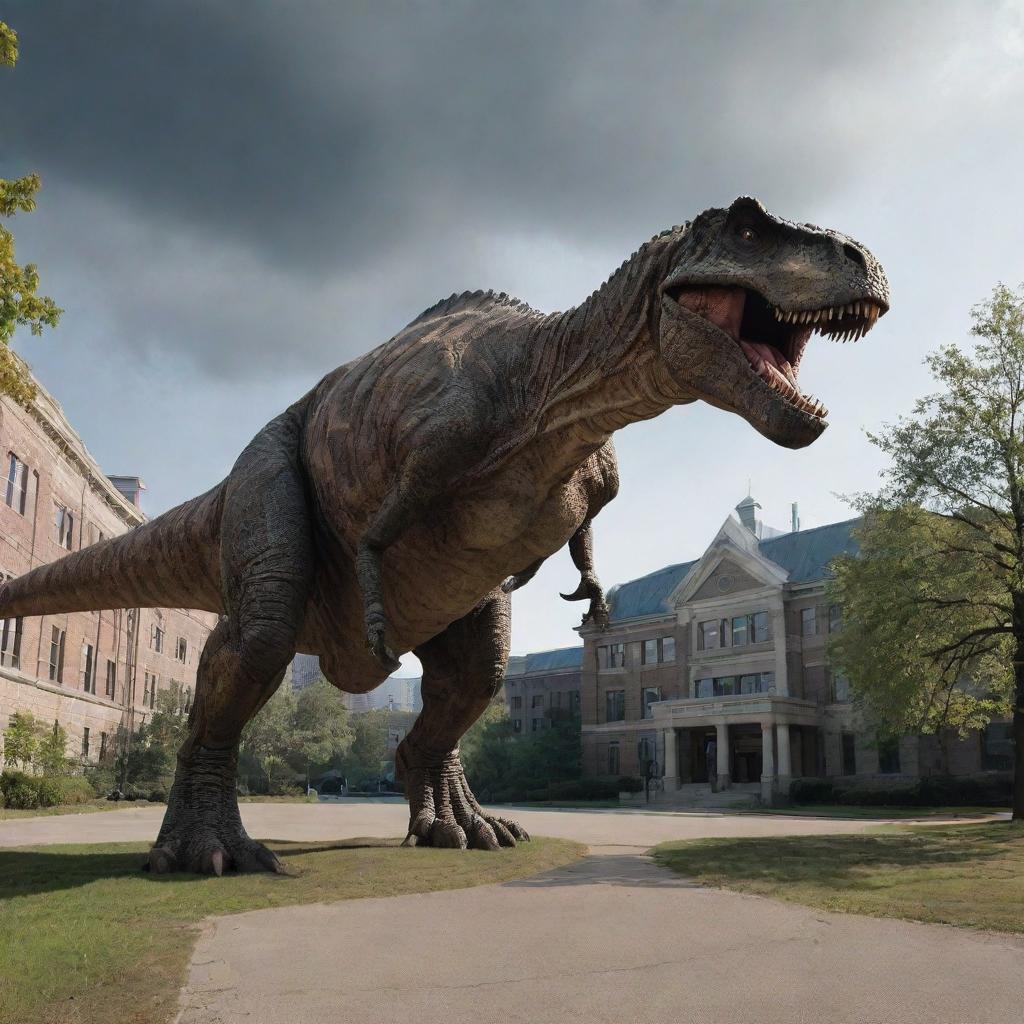 The rampaging Tyrannosaurus Rex approaches the scientific lab in the park, its colossal form imposing against the modern structured building, casting an eerie shadow over the scene.