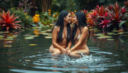 Two beautiful Indian ladies in their mid-30s with long black hair and attractive features, sitting nude in the shallow waters of a tranquil wildlife pond