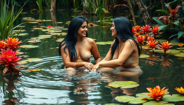 Two beautiful Indian ladies in their mid-30s with long black hair and attractive features, sitting nude in the shallow waters of a tranquil wildlife pond