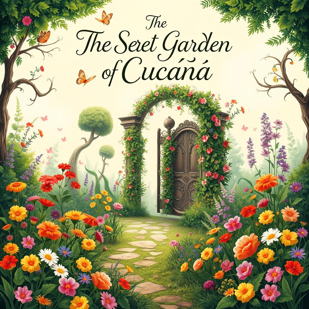 An enchanting book cover design for 'The Secret Garden of Cucaña'