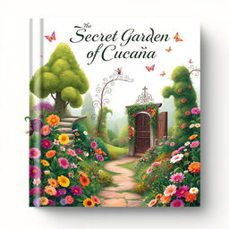 An enchanting book cover design for 'The Secret Garden of Cucaña'