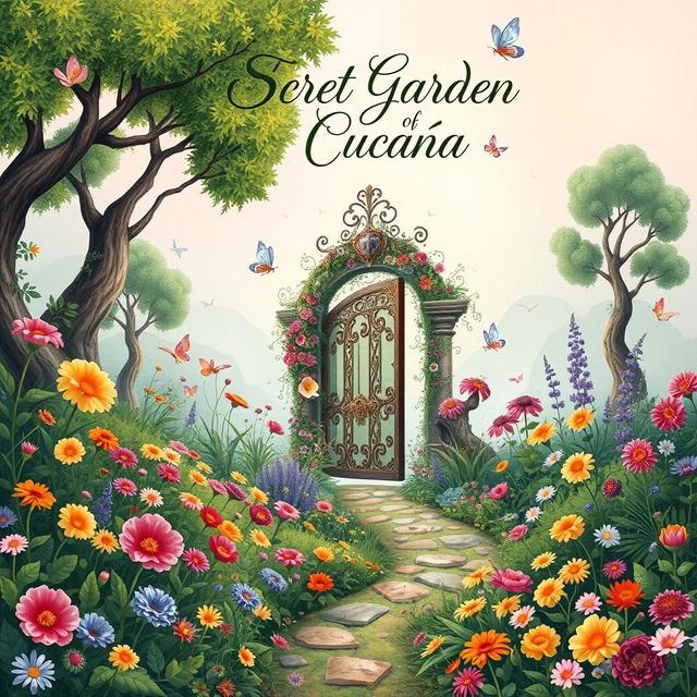 An enchanting book cover design for 'The Secret Garden of Cucaña'