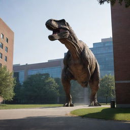 The rampaging Tyrannosaurus Rex approaches the scientific lab in the park, its colossal form imposing against the modern structured building, casting an eerie shadow over the scene.