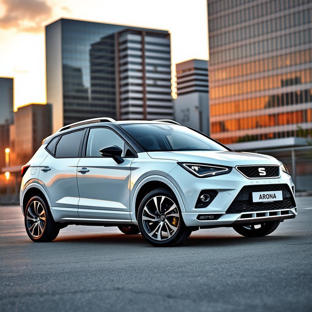 A White Seat Arona parked in an urban setting, showcasing its sporty design with sharp body lines and a dynamic stance