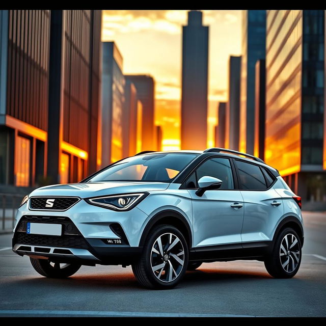 A White Seat Arona parked in an urban setting, showcasing its sporty design with sharp body lines and a dynamic stance