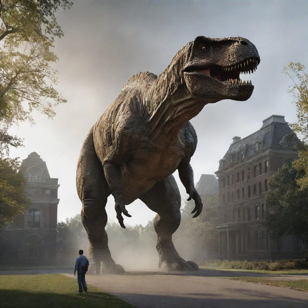 The rampaging Tyrannosaurus Rex approaches the scientific lab in the park, its colossal form imposing against the modern structured building, casting an eerie shadow over the scene.