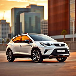 A White Seat Arona parked in an urban setting, showcasing its sporty design with sharp body lines and a dynamic stance