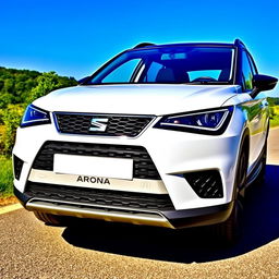 A White Seat Arona displayed in a bright, outdoor setting, showcasing its sleek and modern exterior design