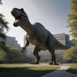 The rampaging Tyrannosaurus Rex approaches the scientific lab in the park, its colossal form imposing against the modern structured building, casting an eerie shadow over the scene.