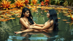 Two beautiful Indian ladies in their mid-30s with long black hair and captivating features, sitting nude in the shallow waters of a serene wildlife pond