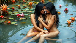 Two beautiful Indian ladies in their mid-30s with long black hair and captivating features, sitting nude in the shallow waters of a serene wildlife pond