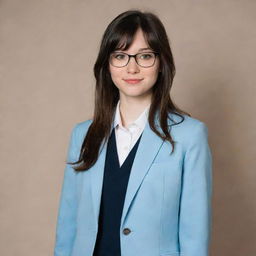 A young woman, shy and endearingly awkward. She has long, wavy, black, mid-length hair with front bangs, pale skin, and light brown eyes. Her slender figure is of average height. She sports thin-framed glasses and wears a light blue university blazer uniform.