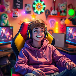 A charismatic and vibrant streaming character, an engaging young adult with a bright smile, sitting in a colorful gaming chair in a cozy streaming setup filled with lively decorations like plush toys and vibrant LED lights