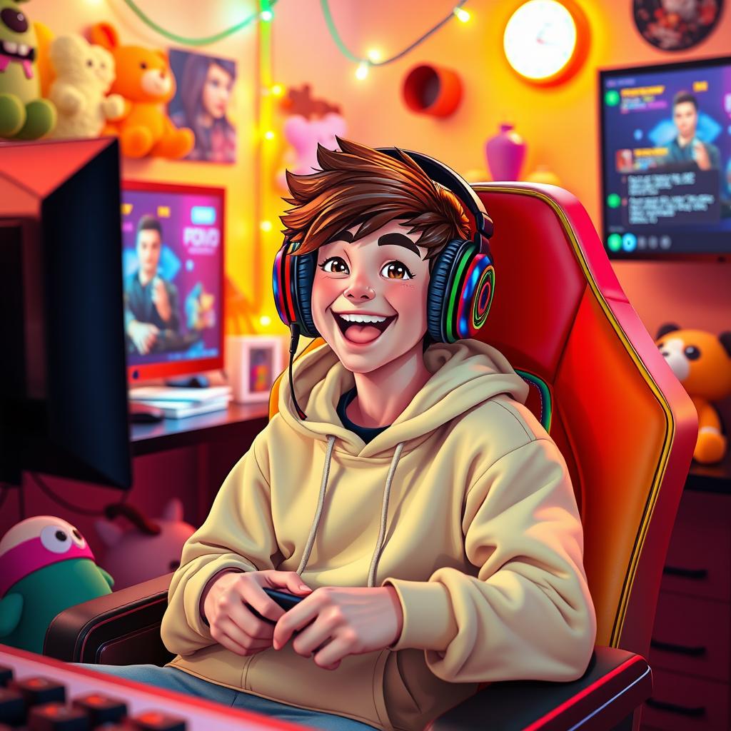 A charismatic and vibrant streaming character, an engaging young adult with a bright smile, sitting in a colorful gaming chair in a cozy streaming setup filled with lively decorations like plush toys and vibrant LED lights