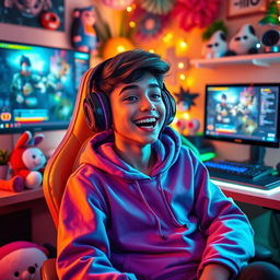 A charismatic and vibrant streaming character, an engaging young adult with a bright smile, sitting in a colorful gaming chair in a cozy streaming setup filled with lively decorations like plush toys and vibrant LED lights