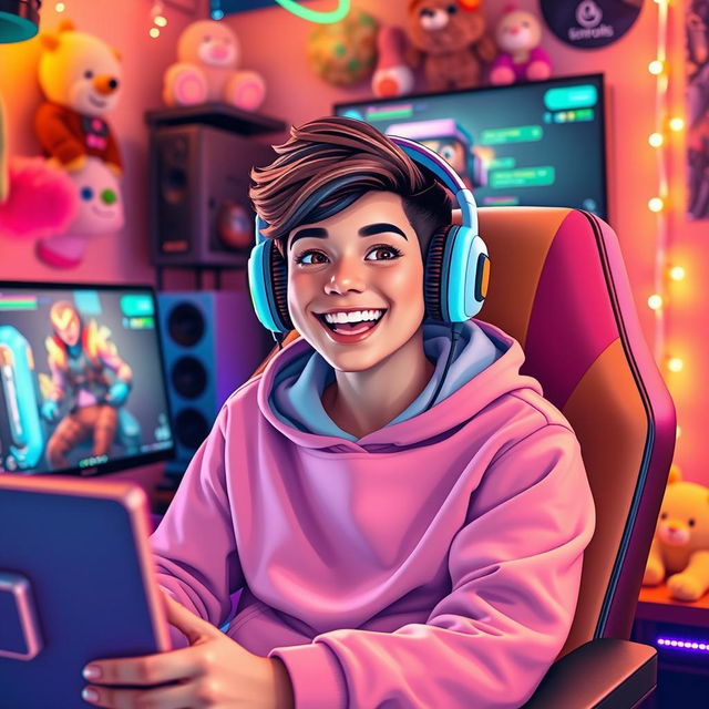 A charismatic and vibrant streaming character, an engaging young adult with a bright smile, sitting in a colorful gaming chair in a cozy streaming setup filled with lively decorations like plush toys and vibrant LED lights