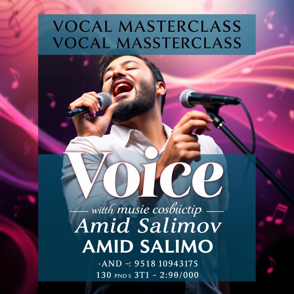 A vibrant poster for a vocal masterclass featuring the renowned instructor Amid Salimov