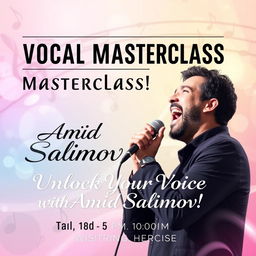 A vibrant poster for a vocal masterclass featuring the renowned instructor Amid Salimov