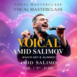 A vibrant poster for a vocal masterclass featuring the renowned instructor Amid Salimov