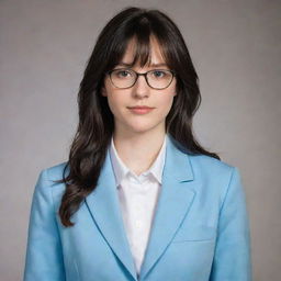 A young woman, shy and endearingly awkward. She has long, wavy, black, mid-length hair with front bangs, pale skin, and light brown eyes. Her slender figure is of average height. She sports thin-framed glasses and wears a light blue university blazer uniform.