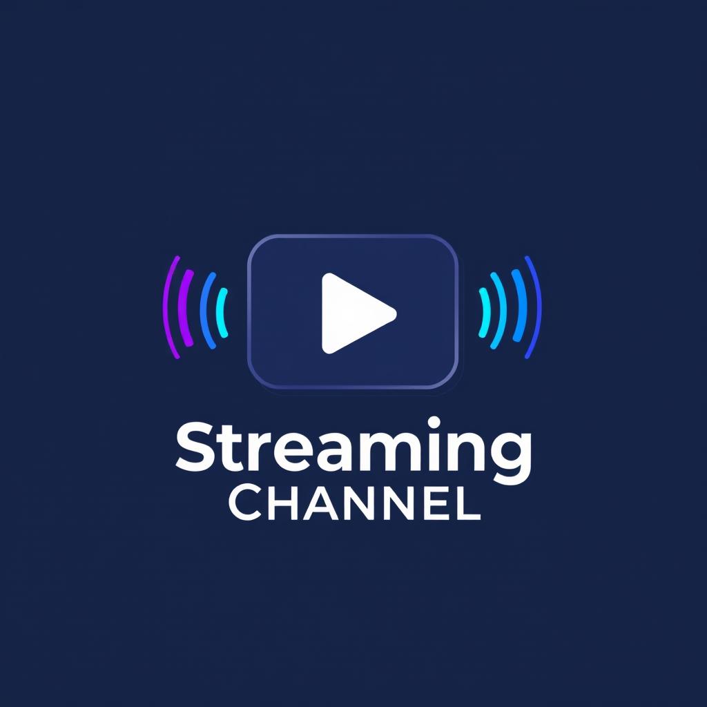 A sleek and modern logo design for a streaming channel, featuring a stylized play button integrated with streaming waves in vibrant colors like blue and purple