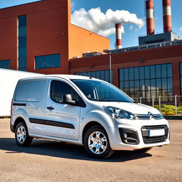 A pristine white Citroen Berlingo parked in front of a large industrial factory