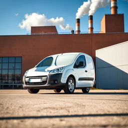 A pristine white Citroen Berlingo parked in front of a large industrial factory