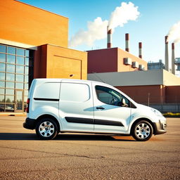 A pristine white Citroen Berlingo parked in front of a large industrial factory