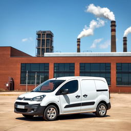 A pristine white Citroen Berlingo parked in front of a large industrial factory