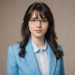 A young woman, shy and endearingly awkward. She has long, wavy, black, mid-length hair with front bangs, pale skin, and light brown eyes. Her slender figure is of average height. She sports thin-framed glasses and wears a light blue university blazer uniform.